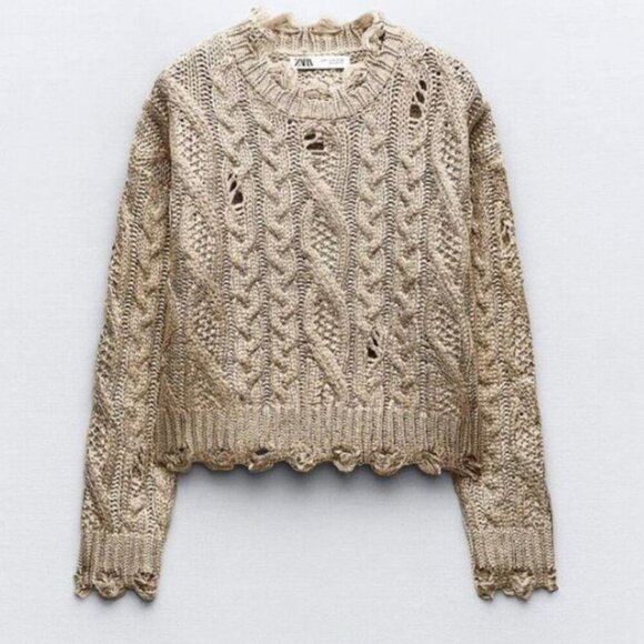 Zara Distressed Metallic Gold Cable Knit Sweater - Picture 3 of 11